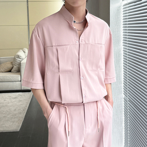 2025夏季男士新款冰丝痞帅立领短袖衬衫宽松休闲上衣A202CS319P55图片