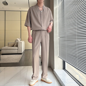 2025夏季新款男士短袖衬衫潮流痞帅冰丝直筒裤套装A202TZ615P120图片