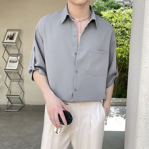 2025冰丝男士短袖衬衫宽松落肩衬衣抖音直播 A202C012P55控78图片