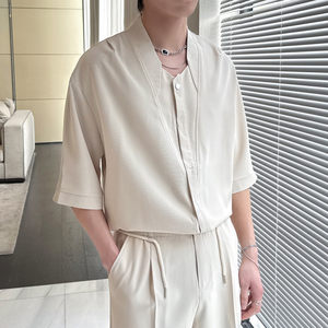 2025夏新款男冰丝短袖衬衫宽松落肩潮流百搭中袖上衣A202CS615P55