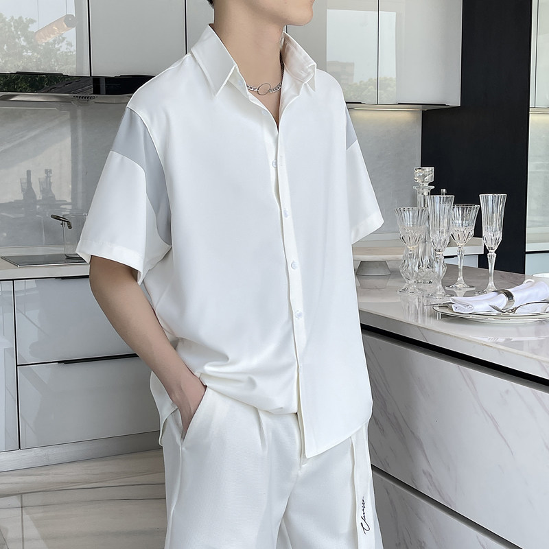 夏季新款拼色轻奢宽松短袖衬衫冰丝垂坠感上衣潮A202CS030P55，男装T恤，星座1311（原A202）