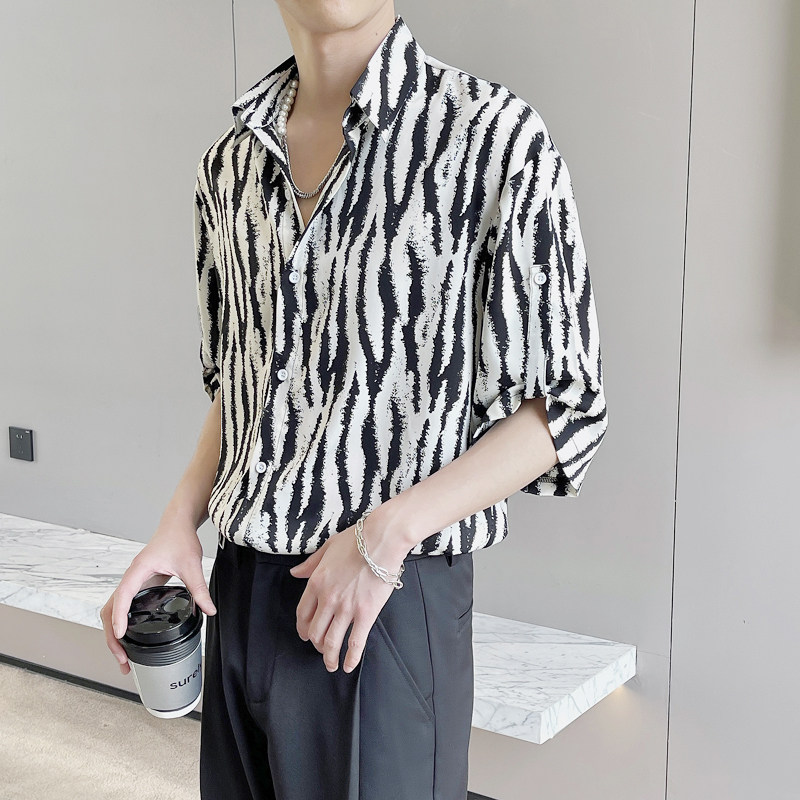 2025春夏新款男韩版ins斑马纹短袖衬衫轻奢抖音A202CS020P55,男装T恤,星座1311（原A202）