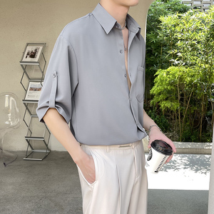 高级坠感英伦雅痞男装夏天七分袖衬衫痞帅薄款轻熟风冰丝短袖衬衣图片