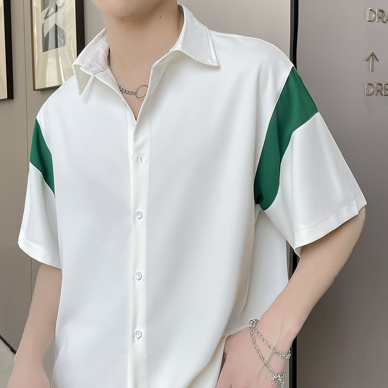 2025夏新款拼色轻奢潮宽松短袖衬衫冰丝垂坠感上衣A202CS030P55,男装T恤,星座1311（原A202）