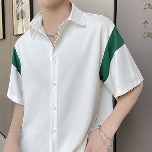 2025夏新款拼色轻奢潮宽松短袖衬衫冰丝垂坠感上衣A202CS030P55图片