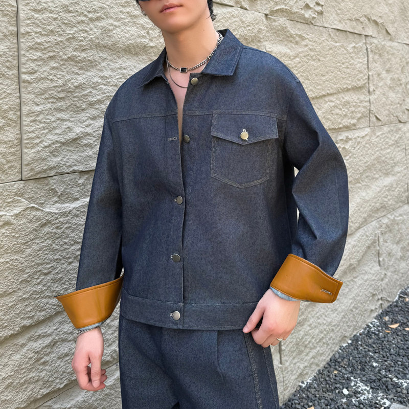 2025秋冬新款美式拼接PU皮撞色牛仔夹克男宽松外套1311W1909P85,男装工装外套,星座1311（原A202）