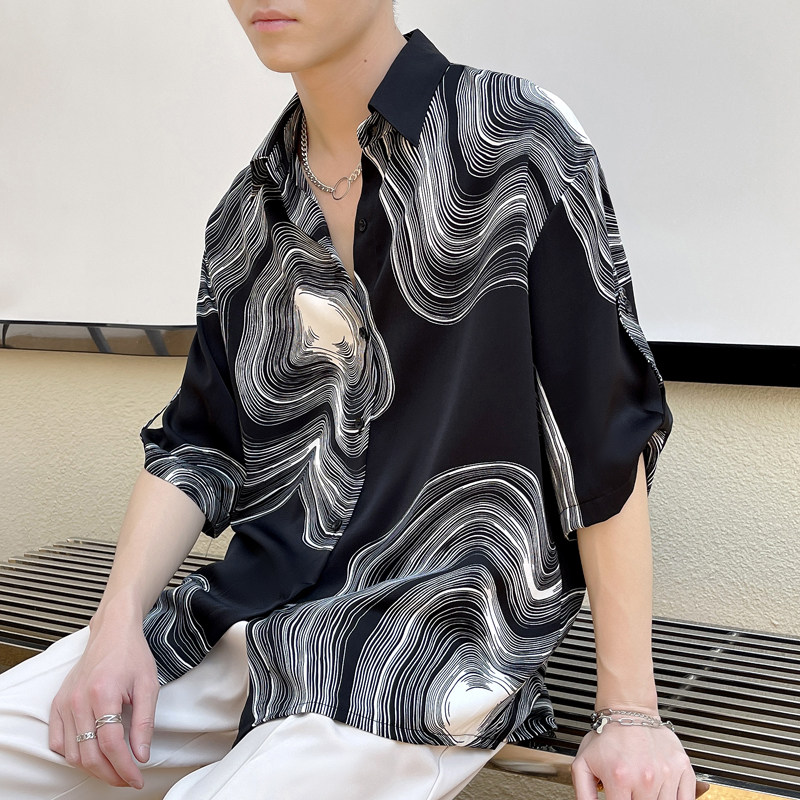 2025夏季新款轻奢宽松短袖衬衫冰丝落肩衬衣潮A202CS090P55控78，男装T恤，星座1311（原A202）