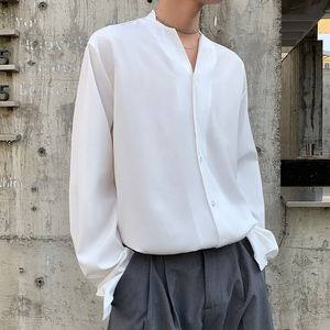 2024INS垂感复古平口V领宽松潮流长袖衬衫韩版男A202CS09P55图片