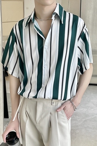 夏季新款轻奢条纹宽松短袖衬衫丝滑垂感上衣A202CS132P55图片