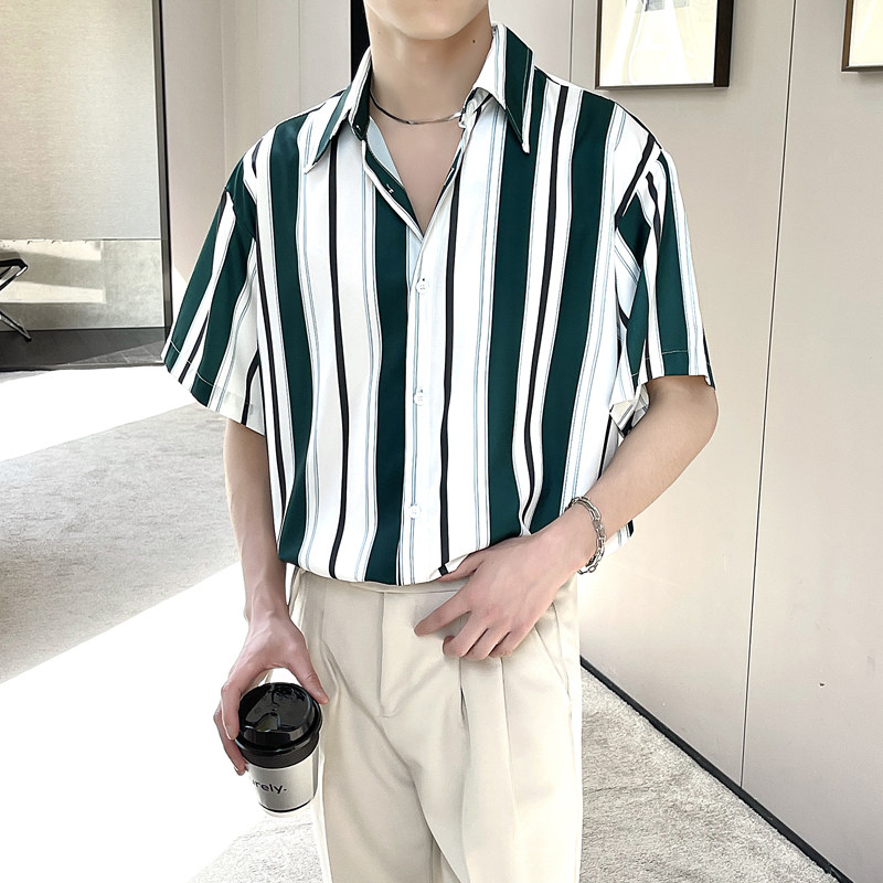 夏季新款条纹宽松短袖衬衫丝滑垂感上衣A202CS132P55,男装T恤,星座1311（原A202）