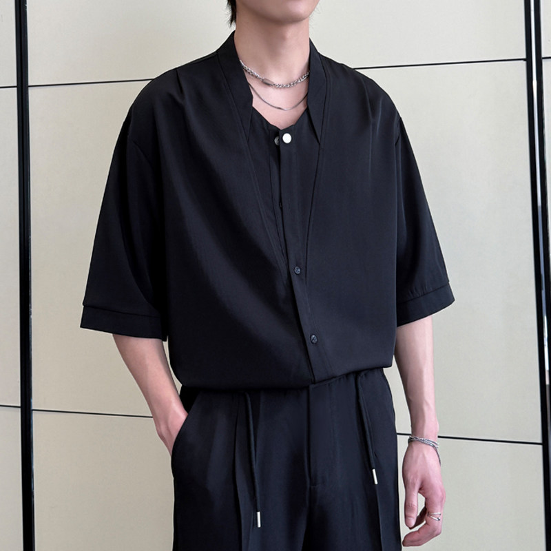 2025夏新款男冰丝短袖衬衫宽松落肩潮流百搭中袖上衣A202CS615P55,男装衬衫,星座1311（原A202）