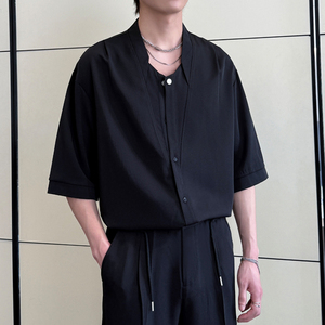 2025夏新款男冰丝短袖衬衫宽松落肩潮流百搭中袖上衣A202CS615P55图片