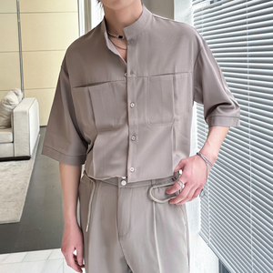 2025夏季男士新款冰丝痞帅立领短袖衬衫宽松休闲上衣A202CS319P55图片