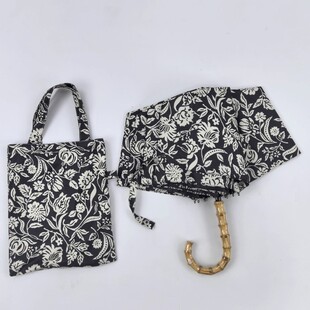 【黑色繁花】慵懒风日式竹节三折手动黑胶晴雨两用防风轻量折叠伞