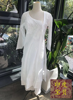 印度进口女士刺绣花全棉长衫kurta小腿肚开叉长袖透气打坐禅修服