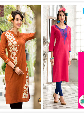 印度显瘦舒适女士上衣连衣裙 全棉KURTA穆斯林春秋刺绣服饰 纱丽