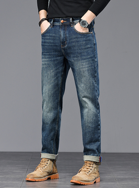 潮流直筒牛仔裤男秋款复古水洗休闲裤男生弹力刺绣百搭长裤子5367
