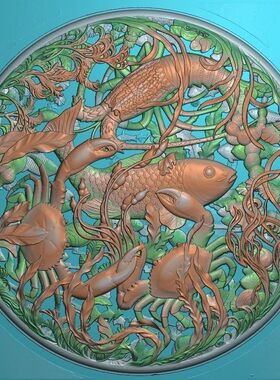 海底世界鱼虾蟹圆东阳木雕工艺品挂件挂屏手工雕刻扫描精雕图