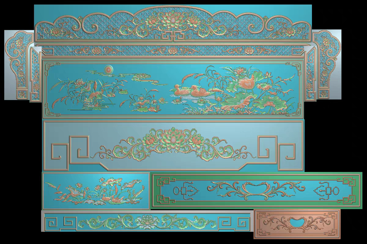 精雕图浮雕精品荷花鸳鸯 辉煌大床 灰度图东阳木雕工艺品挂件挂屏