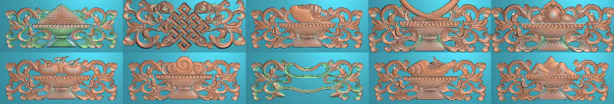 精雕图浮雕八珍宝八瑞物 藏式贡品2 法宝法器灰度图东阳木雕工艺