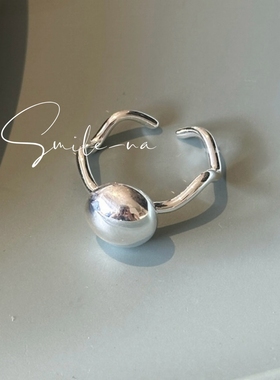 韩国进口小众设计S925纯银光面圆珠波浪戒指女时尚百搭指环食指戒