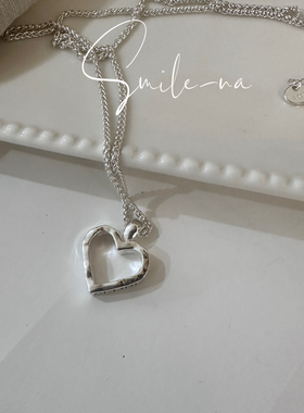 韩国进口S925纯银手工凹凸面刻字镂空爱心 心型吊坠项链锁骨链