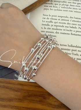 韩国进口S925纯银小众设计感绕线串珠多层时尚百搭手饰手环手镯