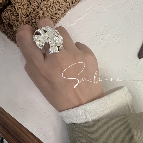 韩国进口S925纯银小众设计简约百搭不规则褶皱荷叶造型戒指指环女