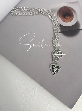 韩国进口S925纯银925纯银爱心桃心吊坠时尚重工OT扣项链锁骨链