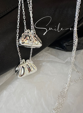韩国进口小众设计师S925纯银小福袋包包吊坠项链毛衣链时尚长款链