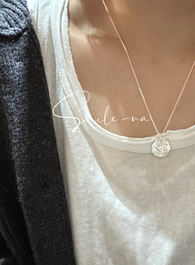 韩国进口小众925纯银简约圆牌双层不规则面质感吊坠时尚项链锁骨