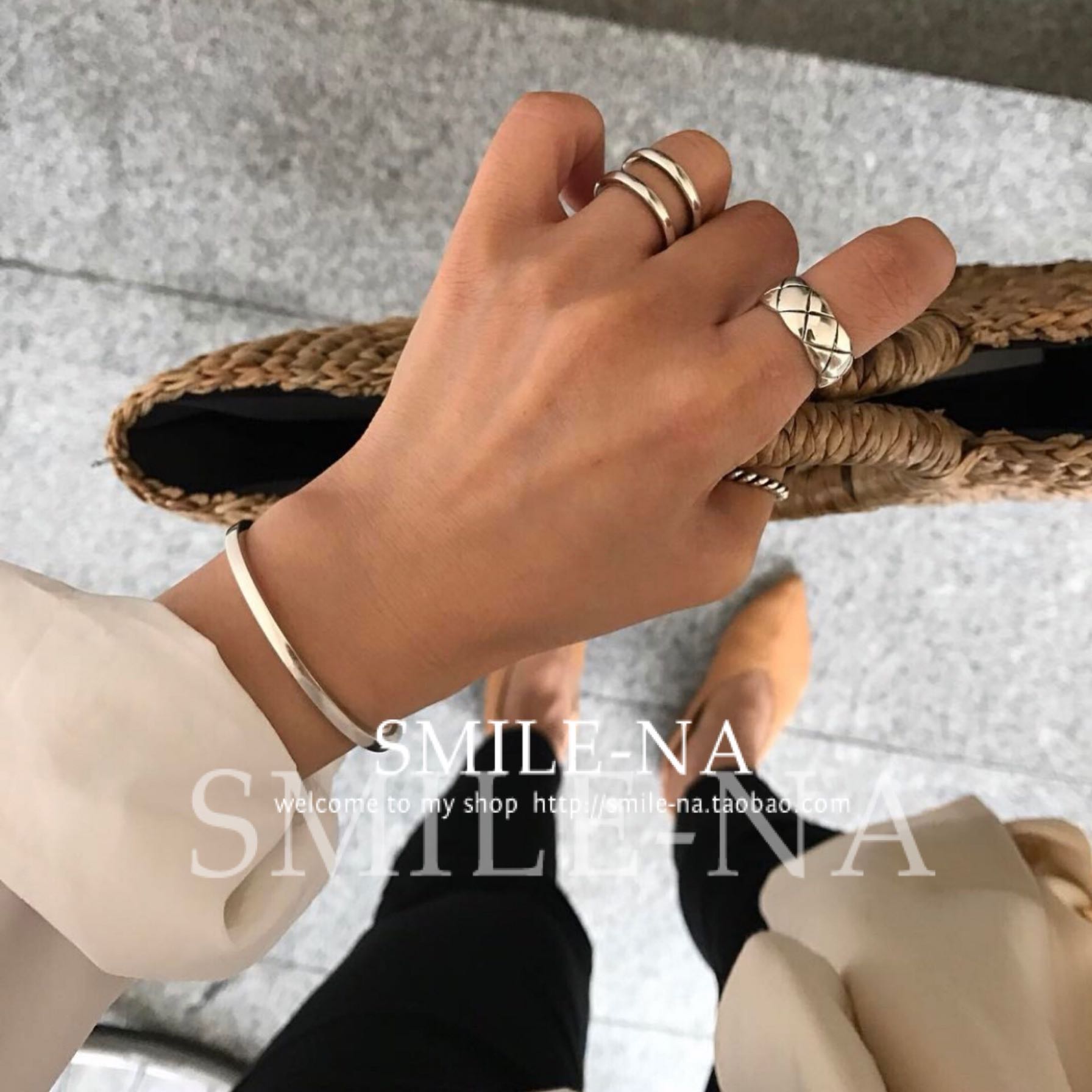 韩国东大门进口ins925格纹戒指