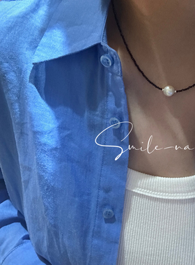 韩国进口925纯银一颗天然不规则珍珠水晶串珠珠珠时尚项链锁骨链