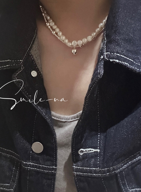 韩国进口925纯银双层天然不规则珍珠拼接银珠叠戴项链锁骨链女