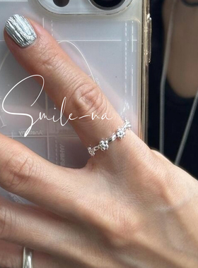 韩国进口S925纯银迷你花朵立体可爱叠戴时尚百搭开口戒指 指环女