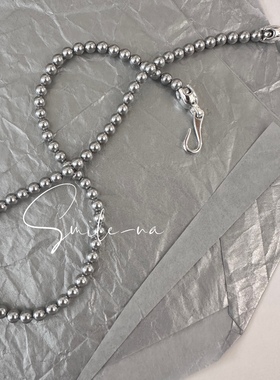 韩国进口925纯银施家真多麻灰色贝珠珍珠项链时尚简约搭扣锁骨链