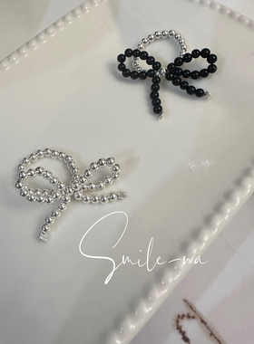 韩国进口925纯银银珠蝴蝶结天然黑玛瑙蝴蝶结戒指弹力绳指环