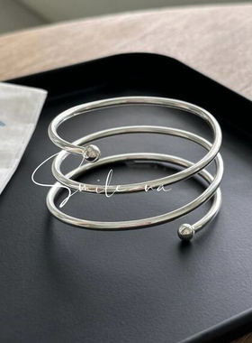 韩国进口小众款S925纯银手镯女素圈多层百搭女生手镯手环 空心