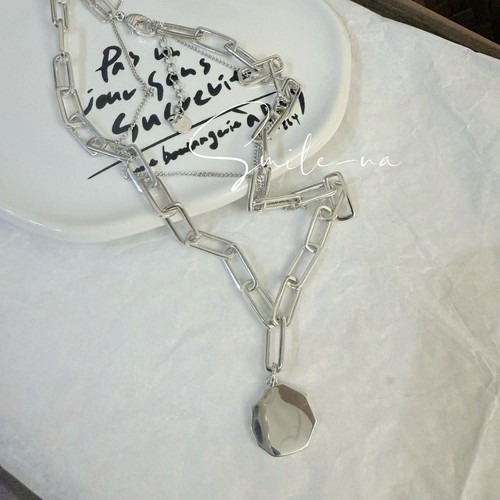 韩国进口S925纯银简约重工双层别针链条时尚吊牌吊坠项链锁骨链