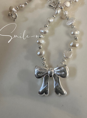 韩国进口925纯银可爱蝴蝶结吊坠天然不规则淡水珍珠银珠锁骨项链