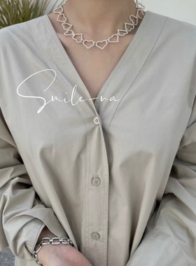 韩国进口小众设计款S925纯银爱心镂空拼接时尚百搭锁骨链重工颈链