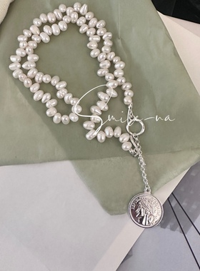 韩国进口小众设计925纯银天然不规则珍珠古币吊坠项链时尚锁骨链