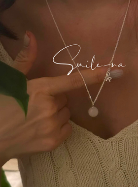 韩国进口S925纯银天然粉水晶吊坠迷你蝴蝶结时尚百搭项链锁骨链