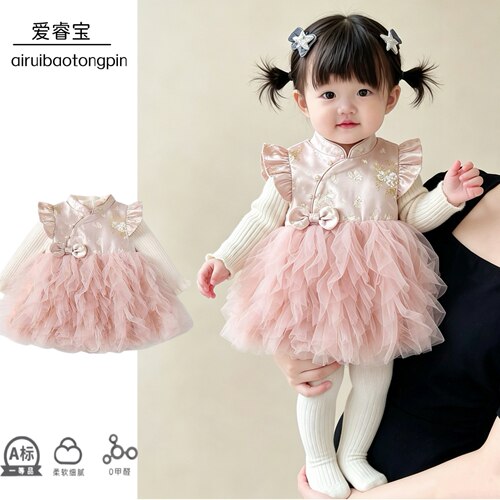 女童公主裙春秋新款小孩蓬蓬裙宝宝周岁生日礼服时髦洋气连衣裙子