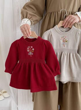 女童针织连衣裙秋冬装韩版婴幼儿洋气花朵公主裙毛衣裙周岁裙子