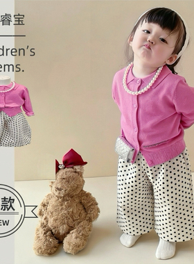 女童春季套装26新款儿童洋气针织开衫卡通T恤圆点休闲裤宝宝春装