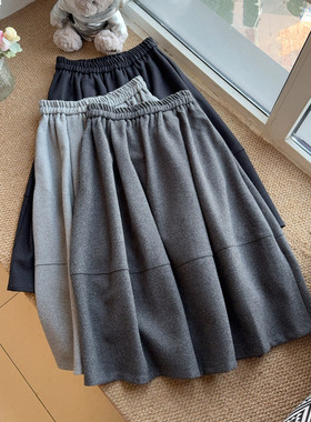 2025秋冬季新款黑色毛呢小个子显瘦高腰A字裙子中裙半身裙女冬天