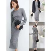 OOhome新品 腰部褶皱设计感连衣裙 针织圆领修身 茫GO 淑女风气质款