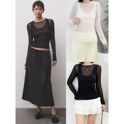 假两件设计套头长袖针织上衣