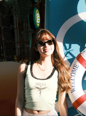 OOhome新品 B艾穆 纯欲风蕾丝拼接背心印花图案短款外穿吊带 减标